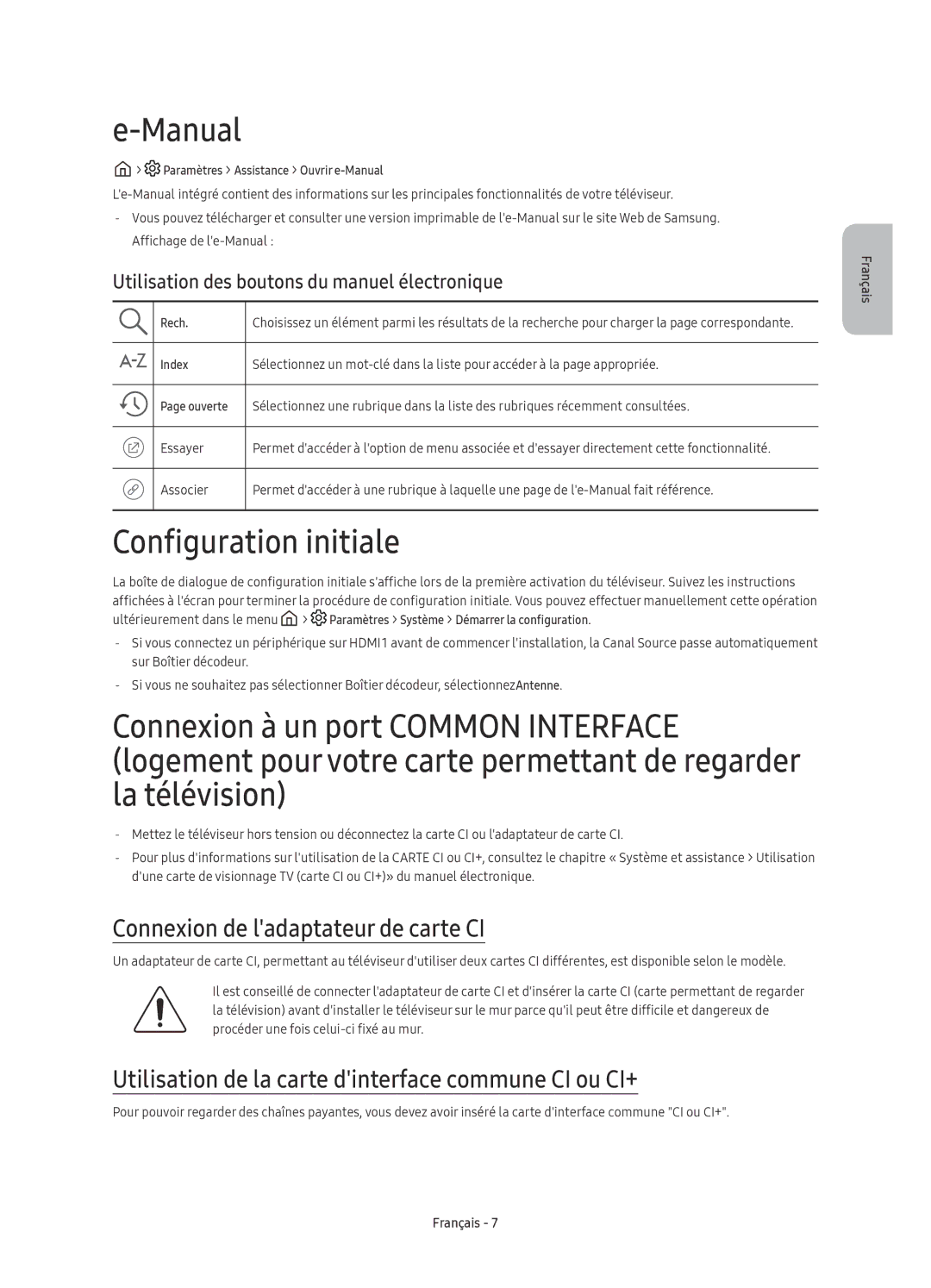 Samsung UE55KU6500UXZG, UE43KU6500UXXC, UE55KU6500UXXU Manual, Configuration initiale, Connexion de ladaptateur de carte CI 