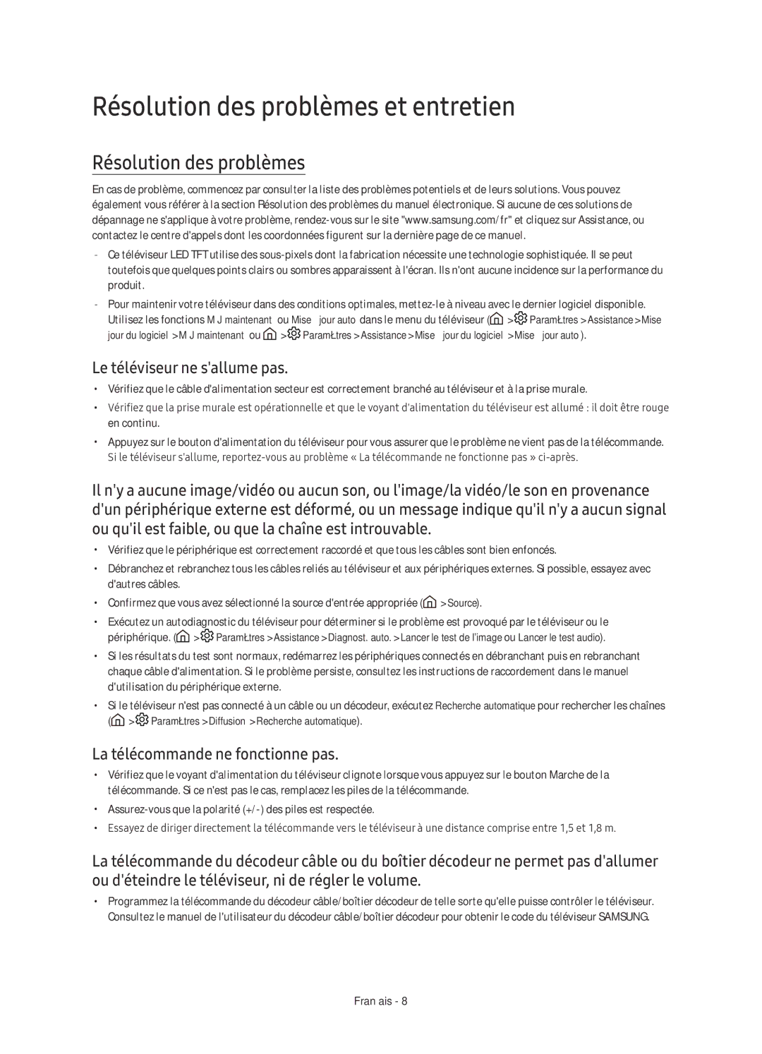 Samsung UE43KU6500UXXC, UE55KU6500UXZG, UE55KU6500UXXU Résolution des problèmes et entretien, Le téléviseur ne sallume pas 