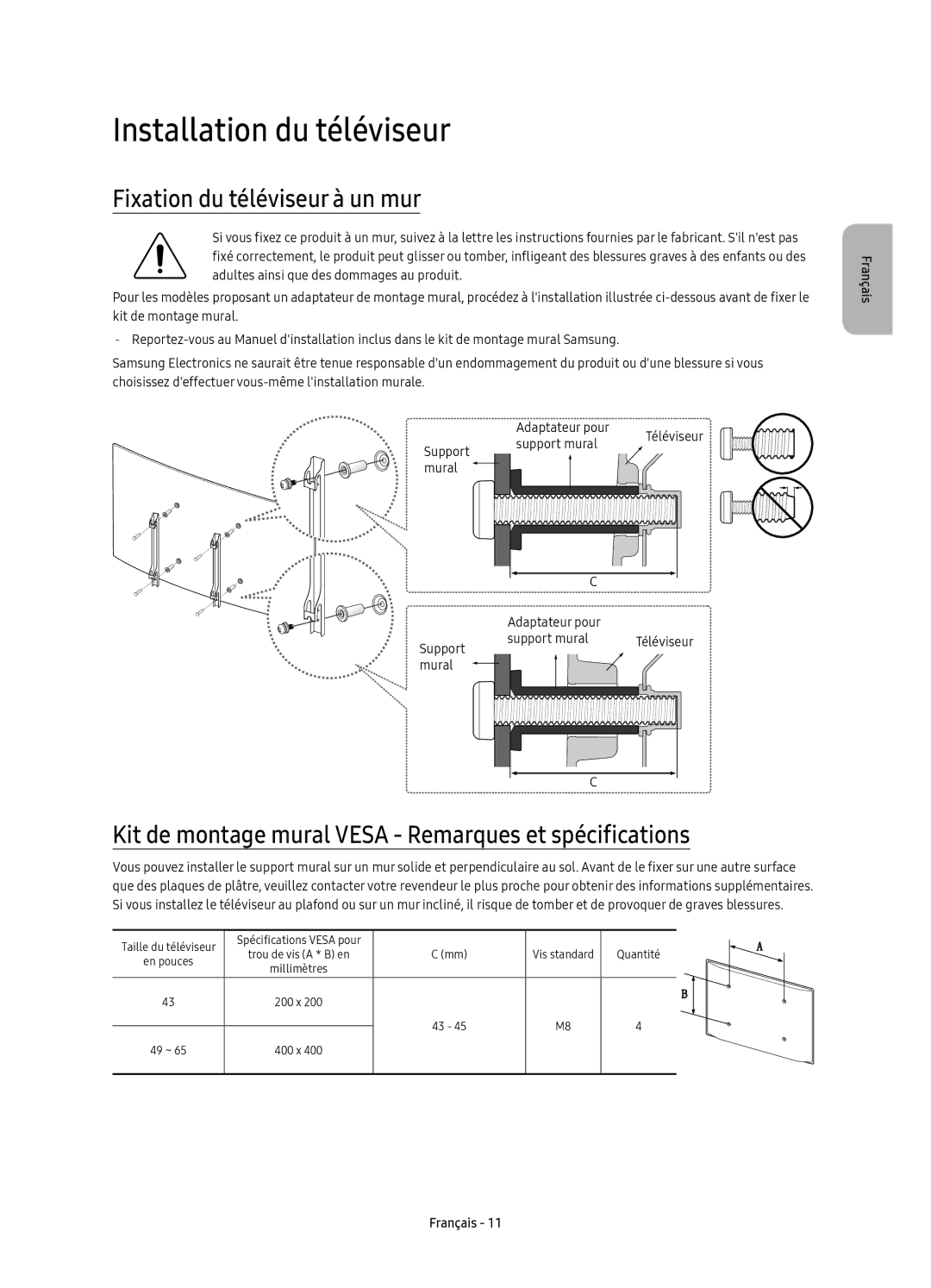 Samsung UE43KU6500UXZF, UE55KU6500UXZG, UE43KU6500UXXC manual Installation du téléviseur, Fixation du téléviseur à un mur 