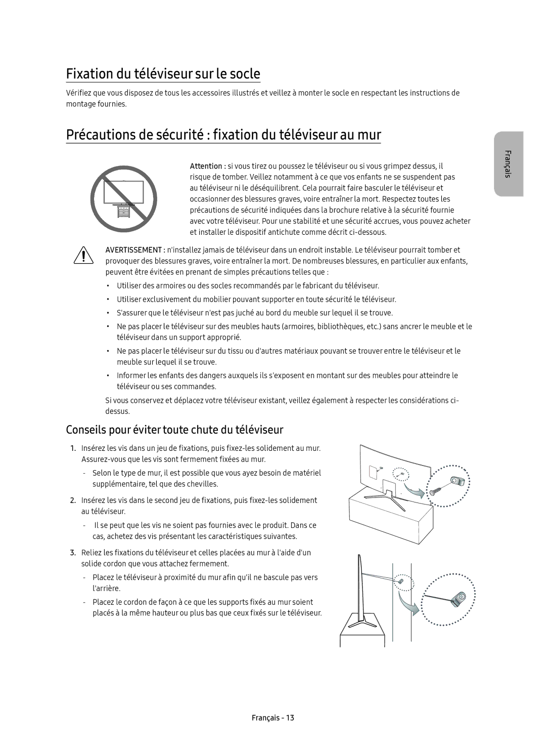 Samsung UE55KU6500UXZF manual Fixation du téléviseur sur le socle, Précautions de sécurité fixation du téléviseur au mur 