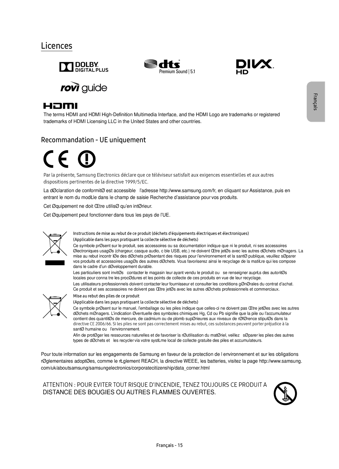 Samsung UE43KU6500UXXC, UE55KU6500UXZG, UE55KU6500UXXU, UE49KU6500UXXC, UE43KU6500UXZF Licences, Recommandation UE uniquement 