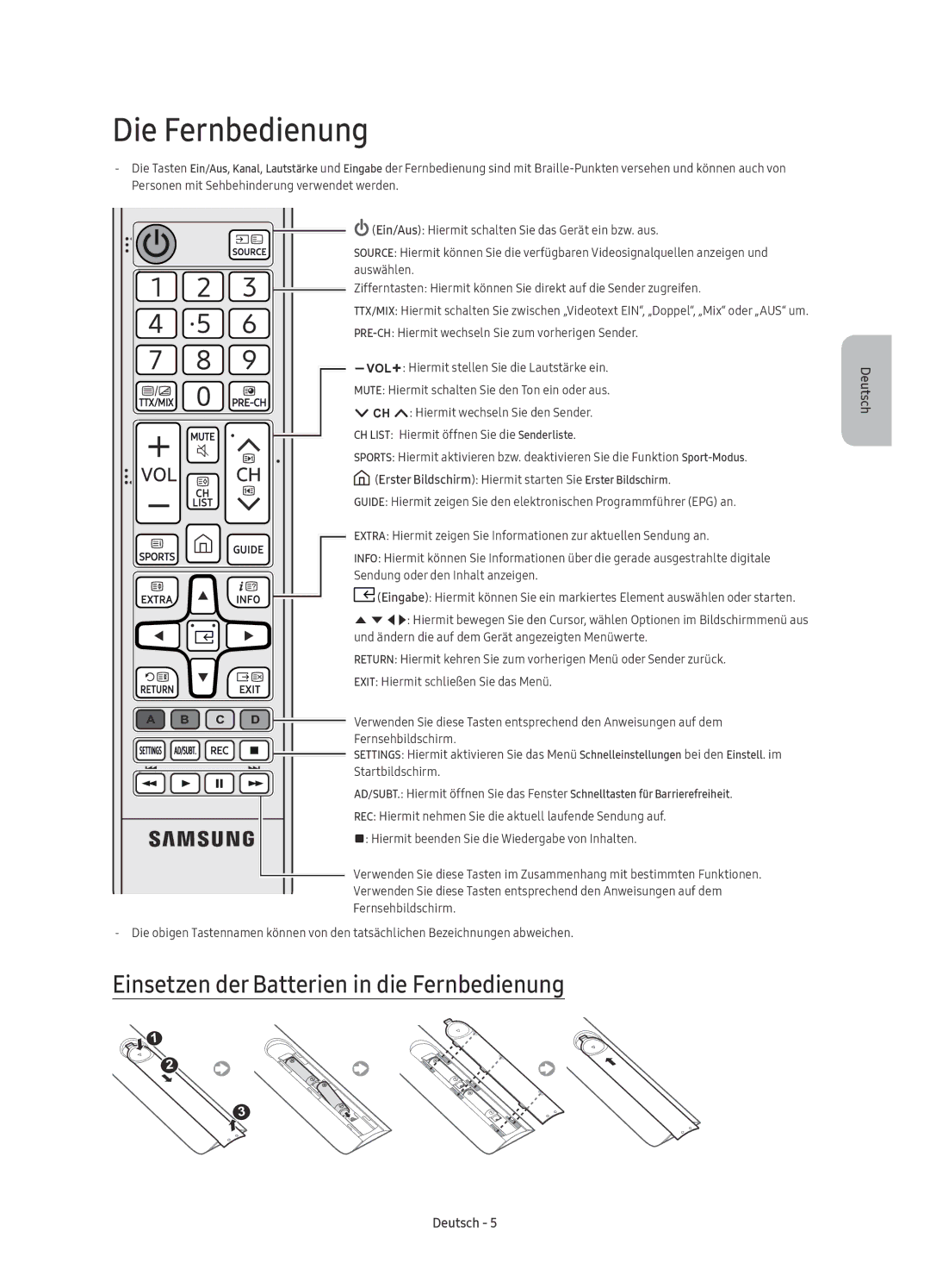 Samsung UE49KU6500UXZF, UE55KU6500UXZG, UE43KU6500UXXC manual Die Fernbedienung, Einsetzen der Batterien in die Fernbedienung 