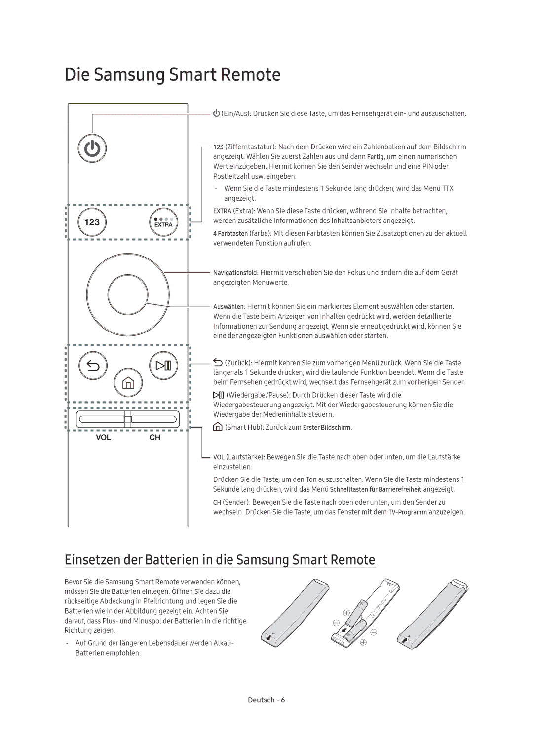 Samsung UE55KU6500UXZF, UE55KU6500UXZG manual Die Samsung Smart Remote, Einsetzen der Batterien in die Samsung Smart Remote 