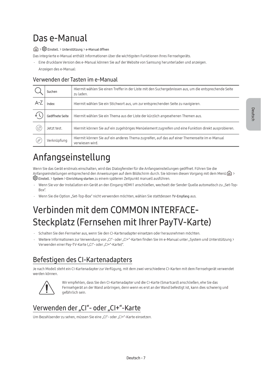 Samsung UE55KU6500UXZG, UE43KU6500UXXC, UE55KU6500UXXU Das e-Manual, Anfangseinstellung, Befestigen des CI-Kartenadapters 