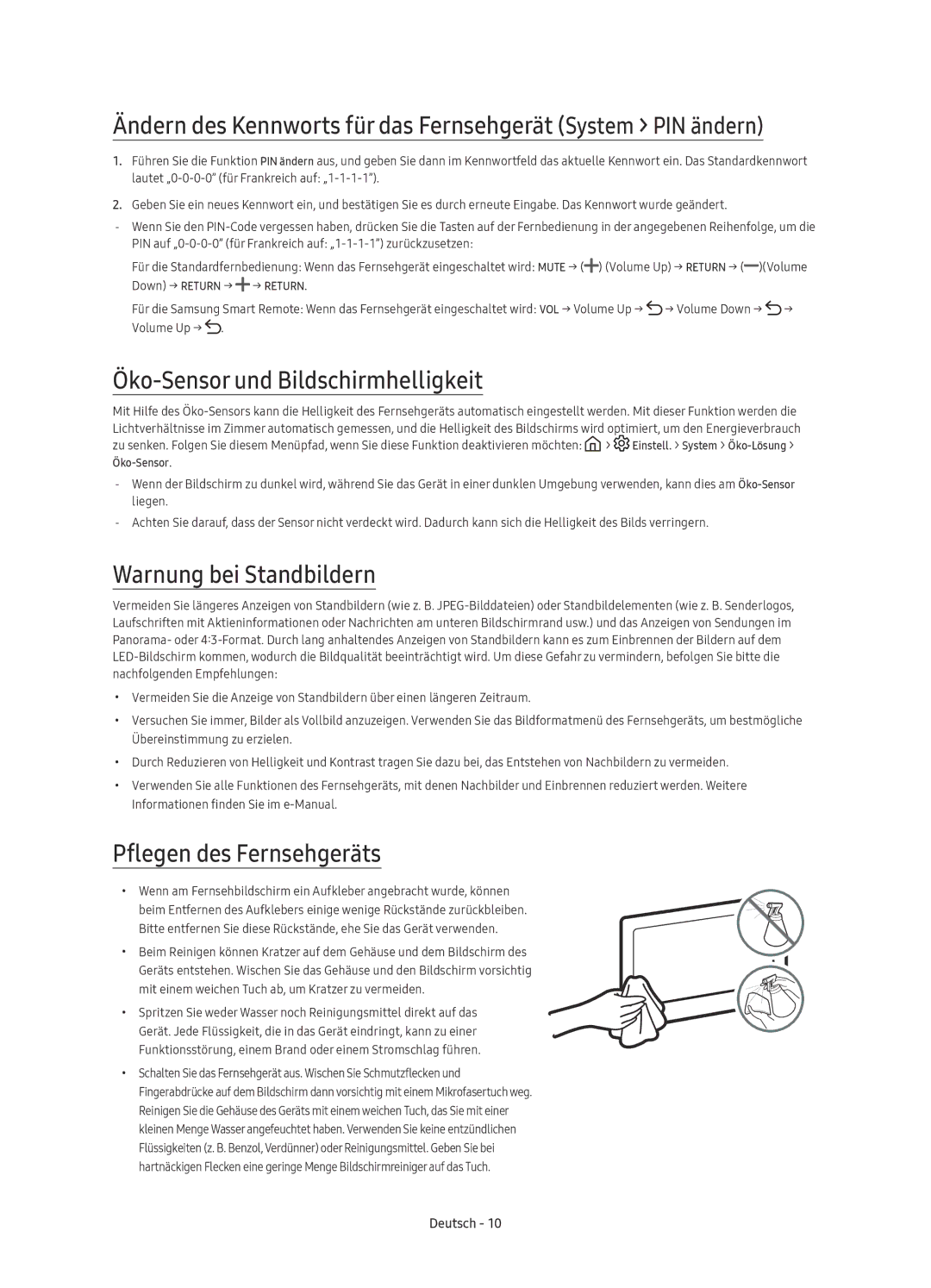 Samsung UE49KU6500UXXC manual Öko-Sensor und Bildschirmhelligkeit, Warnung bei Standbildern, Pflegen des Fernsehgeräts 