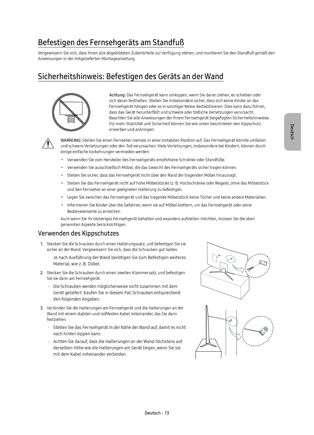 Samsung UE55KU6500UXZF Befestigen des Fernsehgeräts am Standfuß, Sicherheitshinweis Befestigen des Geräts an der Wand 