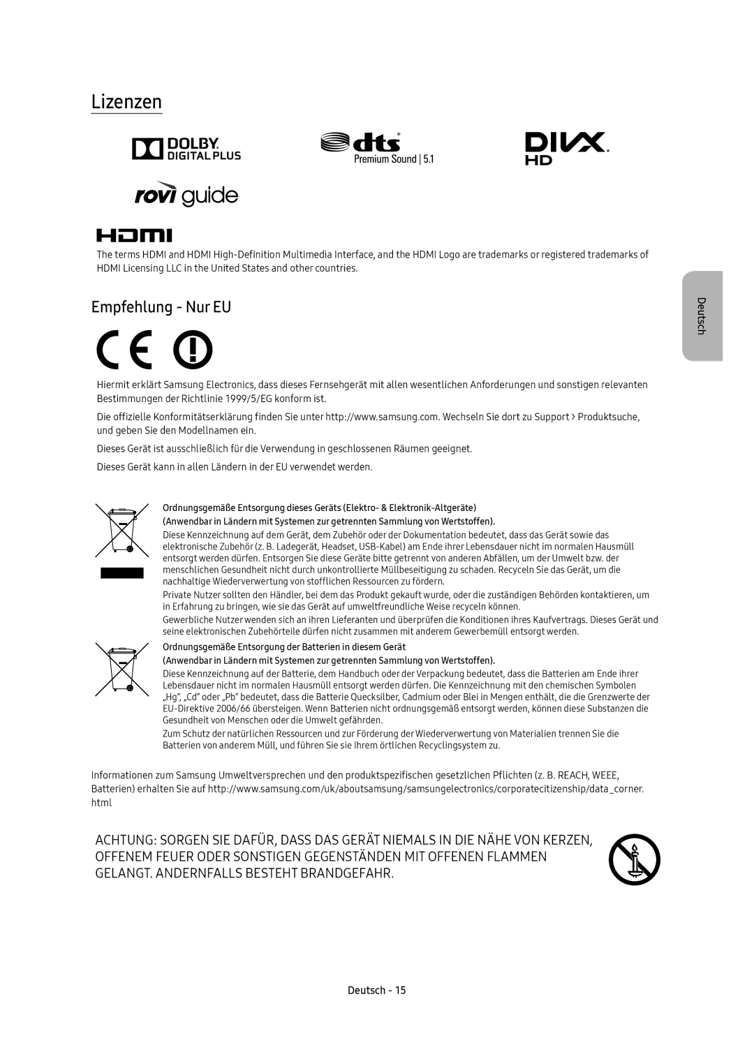 Samsung UE43KU6500UXXC, UE55KU6500UXZG, UE55KU6500UXXU, UE49KU6500UXXC, UE43KU6500UXZF manual Lizenzen, Empfehlung Nur EU 