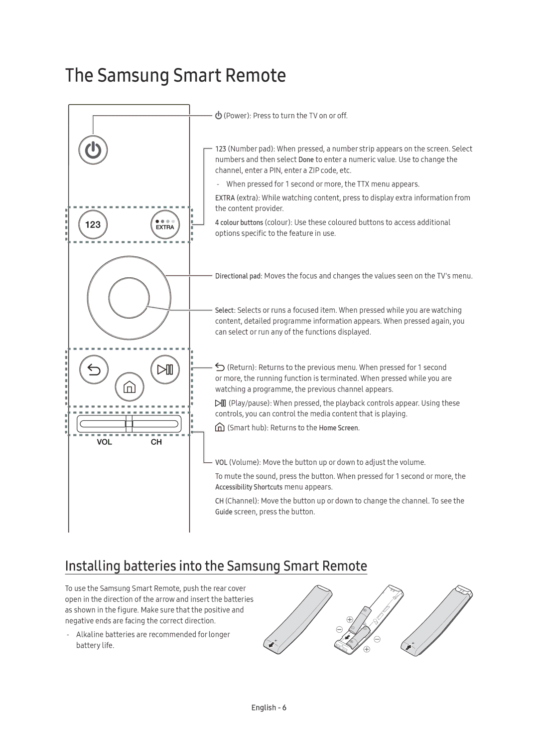 Samsung UE55KU6500UXZF, UE55KU6500UXZG, UE43KU6500UXXC manual Installing batteries into the Samsung Smart Remote 