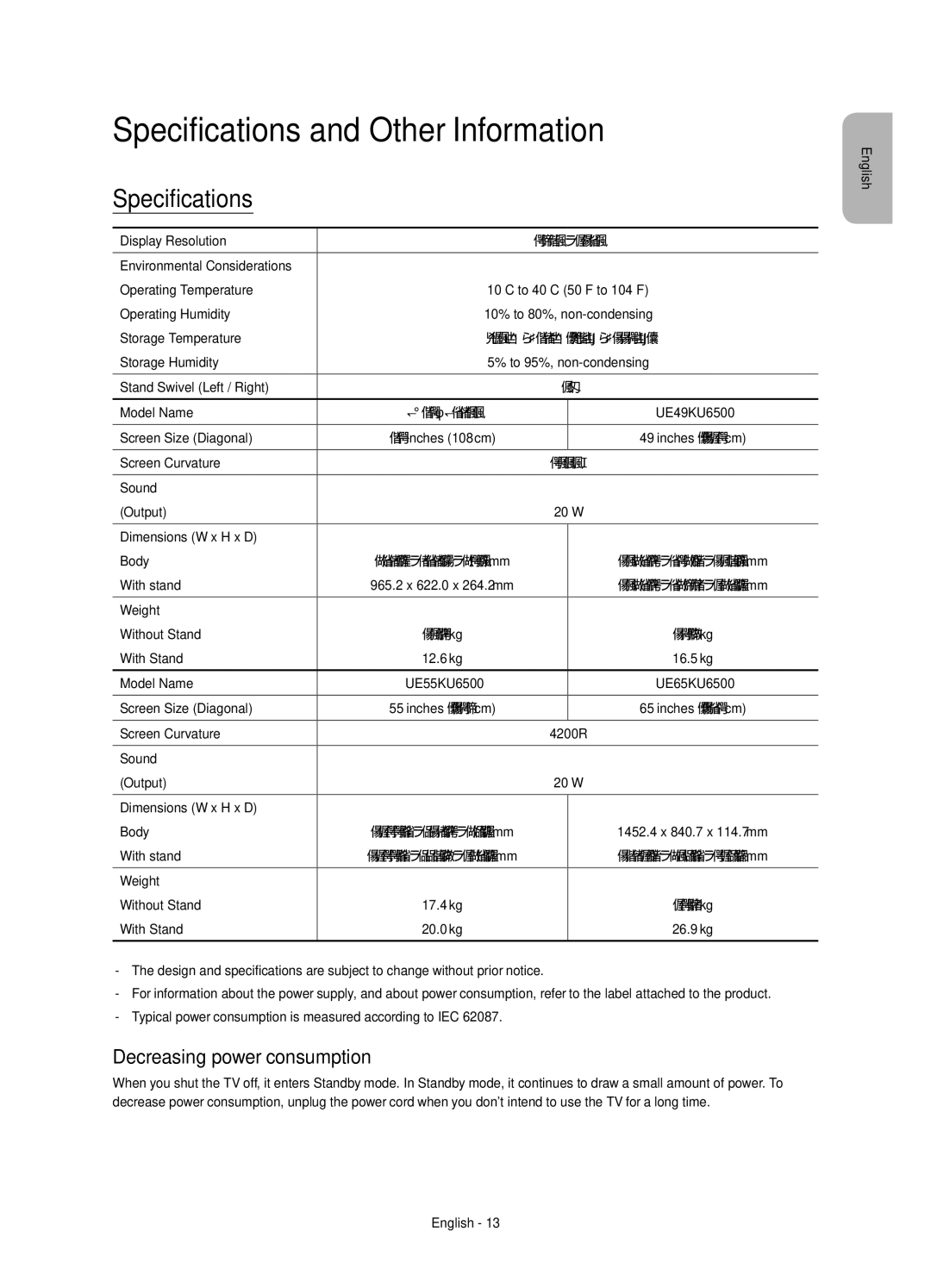 Samsung UE55KU6500UXZF, UE55KU6500UXZG, UE43KU6500UXXC Specifications and Other Information, Decreasing power consumption 