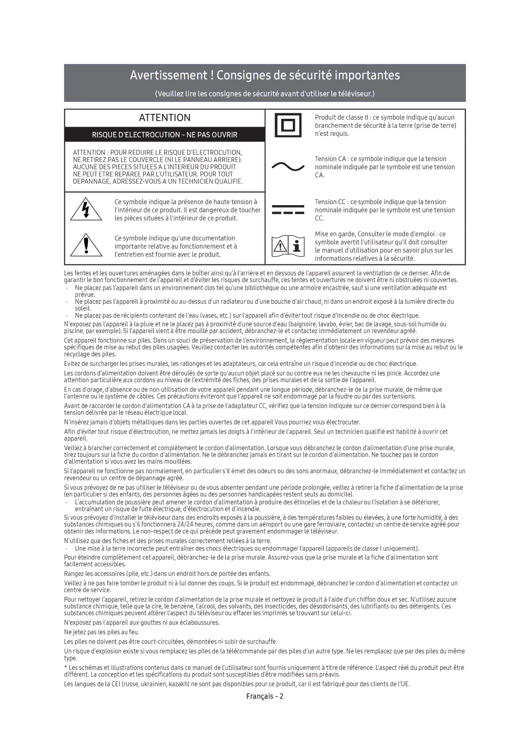 Samsung UE55KU6500UXZG, UE43KU6500UXXC, UE55KU6500UXXU, UE49KU6500UXXC Avertissement ! Consignes de sécurité importantes 