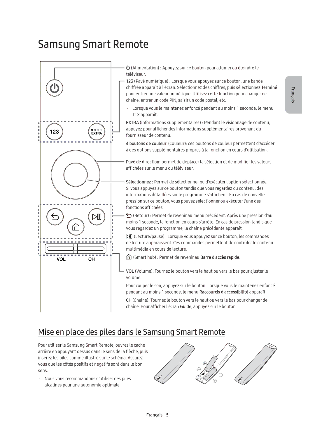 Samsung UE49KU6500UXXC, UE55KU6500UXZG, UE43KU6500UXXC manual Mise en place des piles dans le Samsung Smart Remote 