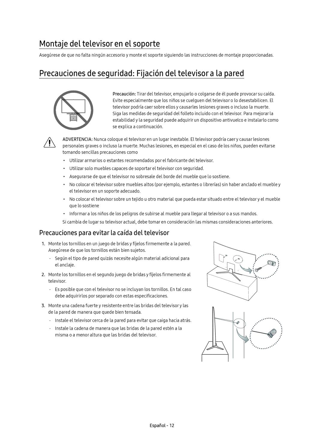 Samsung UE55KU6500UXZG Montaje del televisor en el soporte, Precauciones de seguridad Fijación del televisor a la pared 