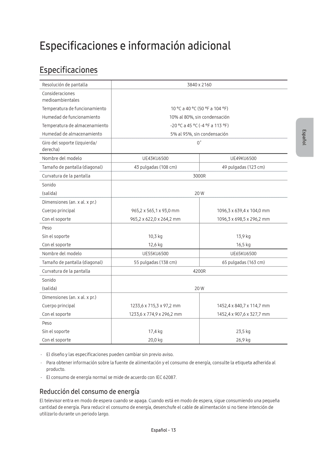 Samsung UE43KU6500UXXC, UE55KU6500UXZG manual Especificaciones e información adicional, Reducción del consumo de energía 