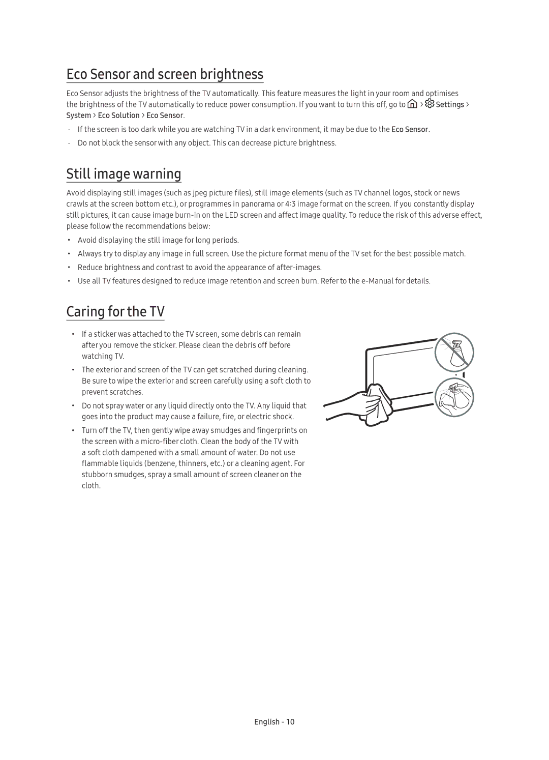 Samsung UE49KU6510SXXH, UE55KU6510SXXN manual Eco Sensor and screen brightness, Still image warning, Caring for the TV 