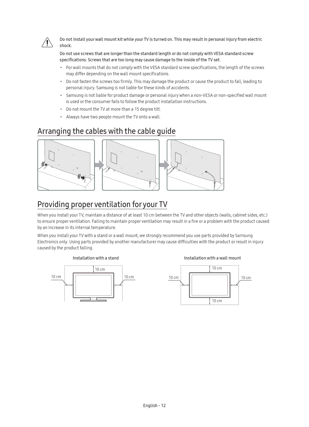 Samsung UE55KU6510SXXN, UE43KU6510SXXH, UE55KU6510SXXH, UE49KU6510SXXN, UE49KU6510SXXH manual Installation with a stand 