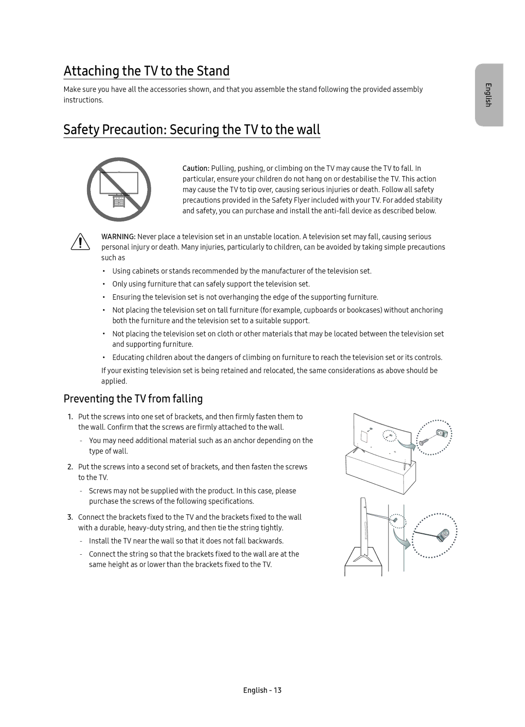 Samsung UE43KU6510SXXH, UE55KU6510SXXN manual Attaching the TV to the Stand, Safety Precaution Securing the TV to the wall 