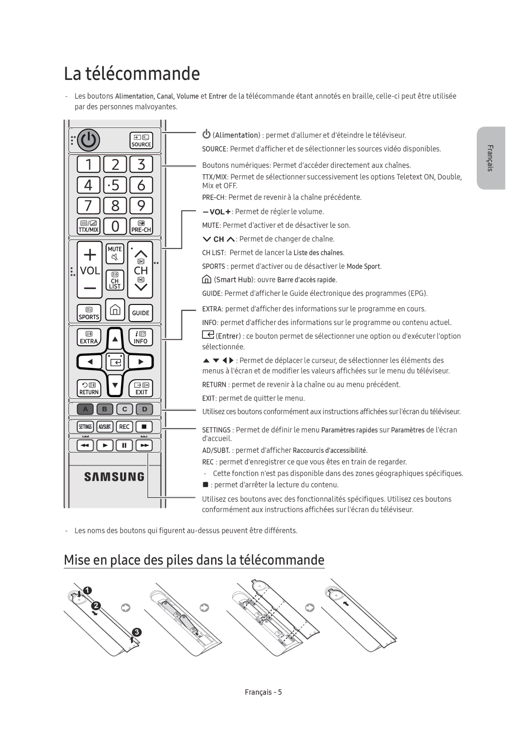 Samsung UE43KU6510SXXH, UE55KU6510SXXN, UE55KU6510SXXH manual La télécommande, Mise en place des piles dans la télécommande 