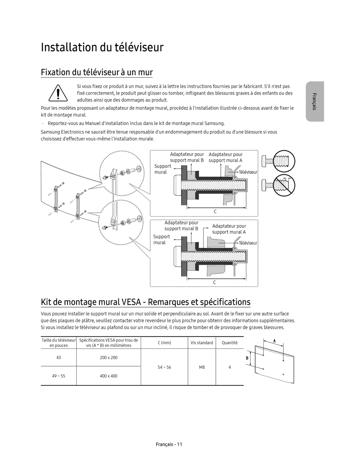 Samsung UE43KU6510SXXH, UE55KU6510SXXN, UE55KU6510SXXH manual Installation du téléviseur, Fixation du téléviseur à un mur 