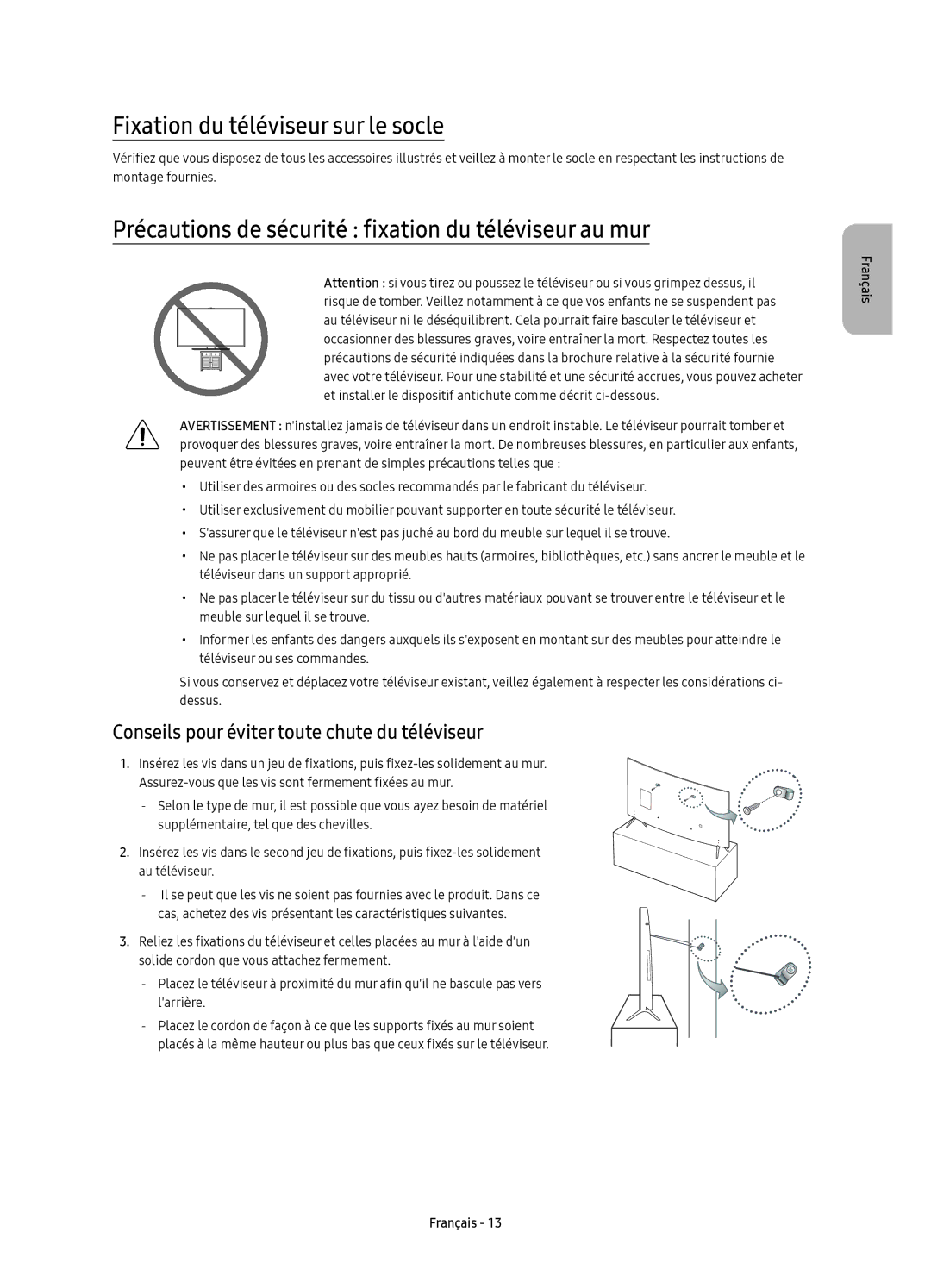 Samsung UE49KU6510SXXN manual Fixation du téléviseur sur le socle, Précautions de sécurité fixation du téléviseur au mur 