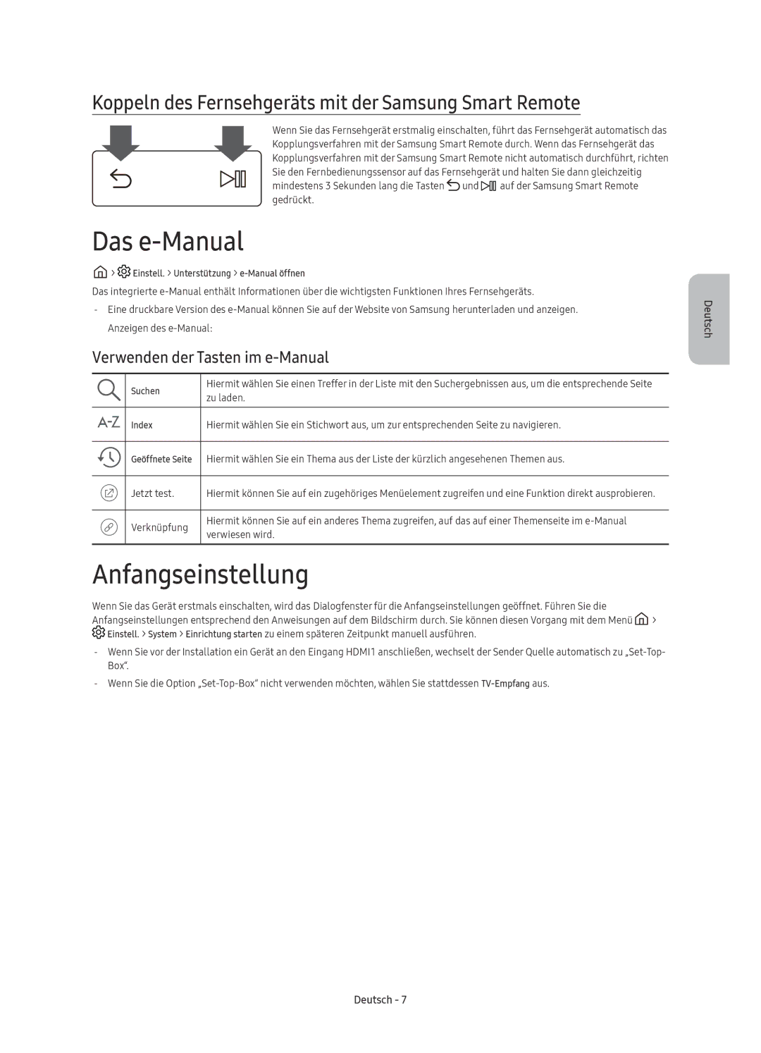 Samsung UE43KU6510SXXN manual Das e-Manual, Anfangseinstellung, Koppeln des Fernsehgeräts mit der Samsung Smart Remote 