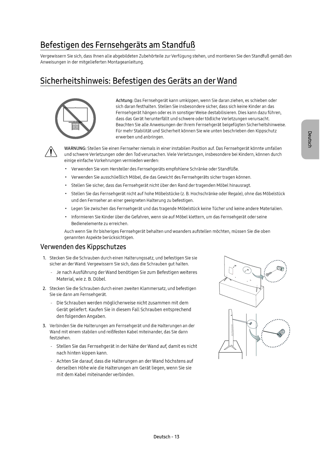 Samsung UE43KU6510SXXN Befestigen des Fernsehgeräts am Standfuß, Sicherheitshinweis Befestigen des Geräts an der Wand 