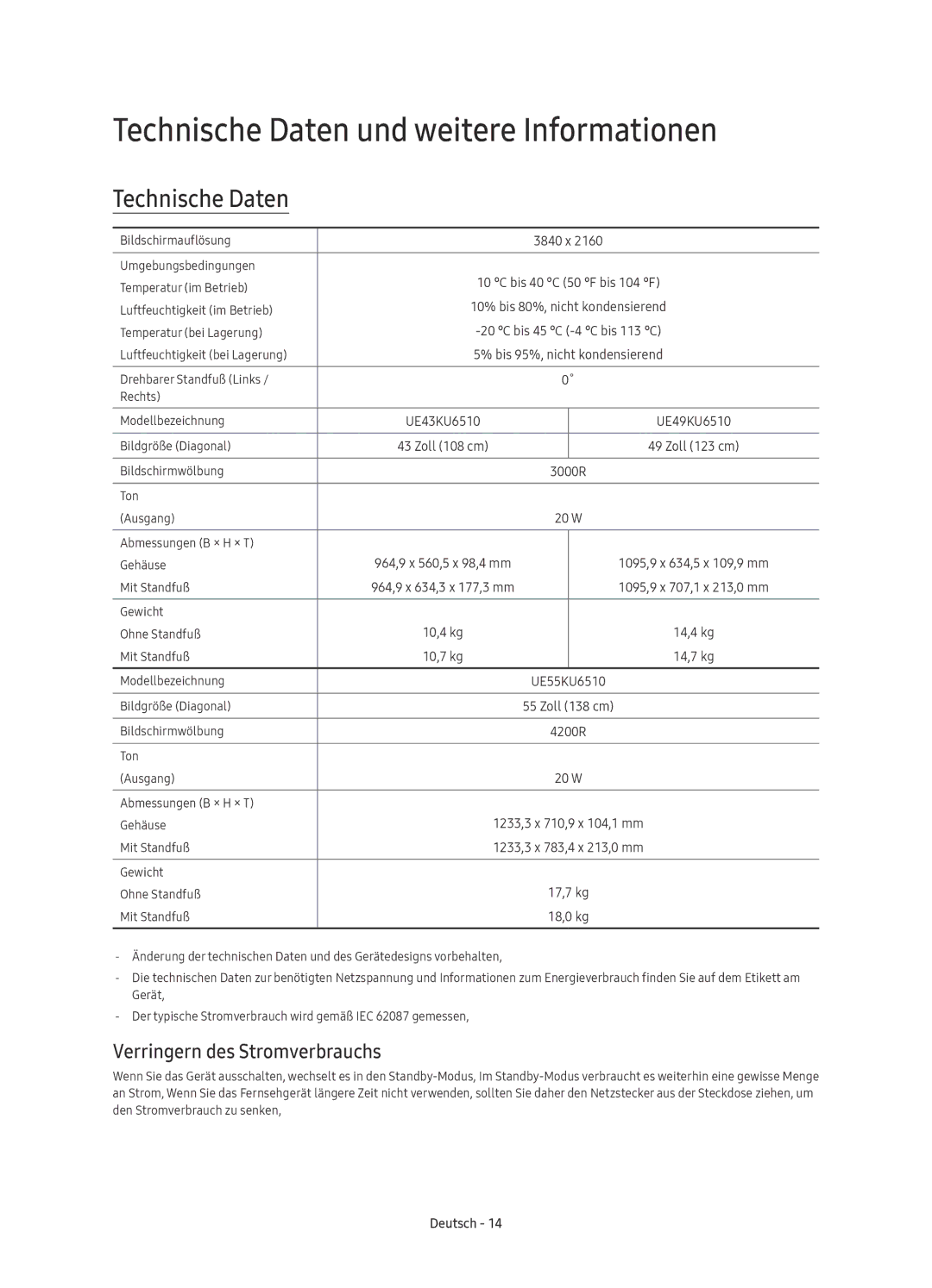 Samsung UE55KU6510SXXN, UE43KU6510SXXH manual Technische Daten und weitere Informationen, Verringern des Stromverbrauchs 