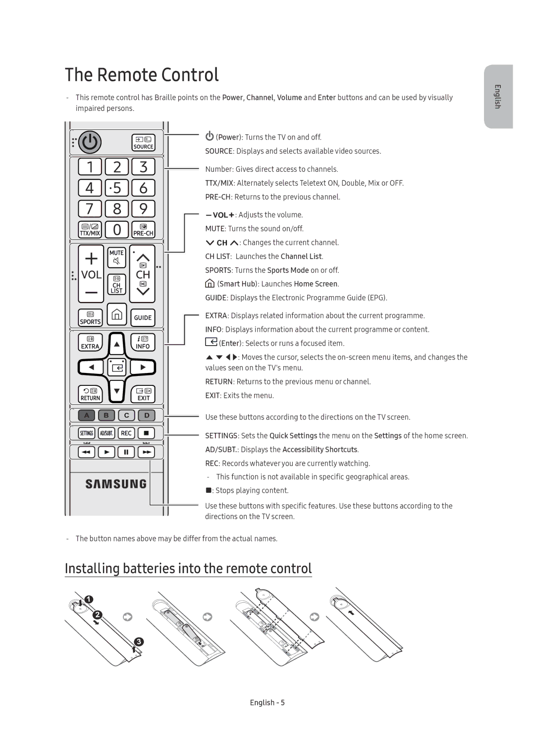 Samsung UE43KU6510SXXN, UE55KU6510SXXN, UE43KU6510SXXH manual Remote Control, Installing batteries into the remote control 