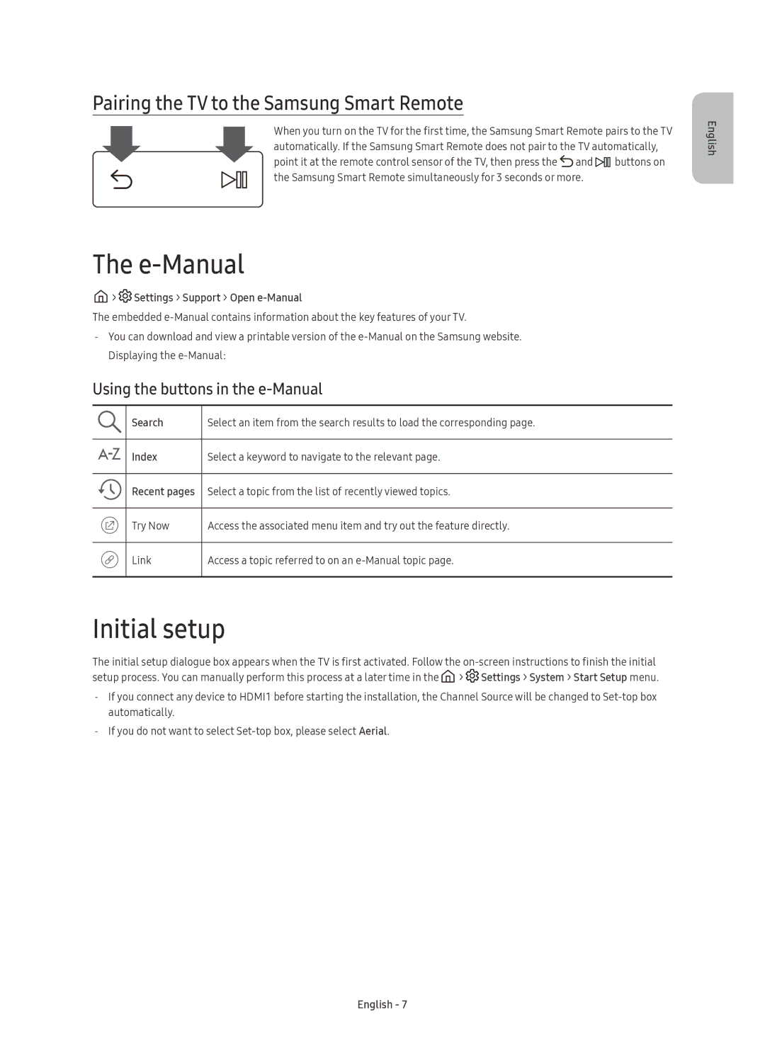 Samsung UE43KU6510SXXH, UE55KU6510SXXN, UE55KU6510SXXH E-Manual, Initial setup, Pairing the TV to the Samsung Smart Remote 