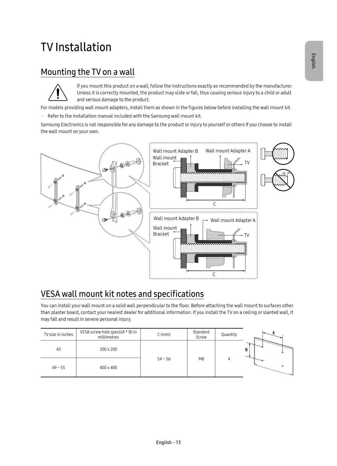 Samsung UE55KU6510UXZF manual TV Installation, Mounting the TV on a wall, Vesa wall mount kit notes and specifications 