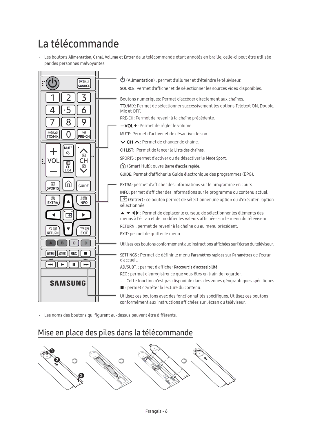 Samsung UE49KU6510UXZF, UE55KU6510UXZG, UE49KU6510UXZG manual La télécommande, Mise en place des piles dans la télécommande 