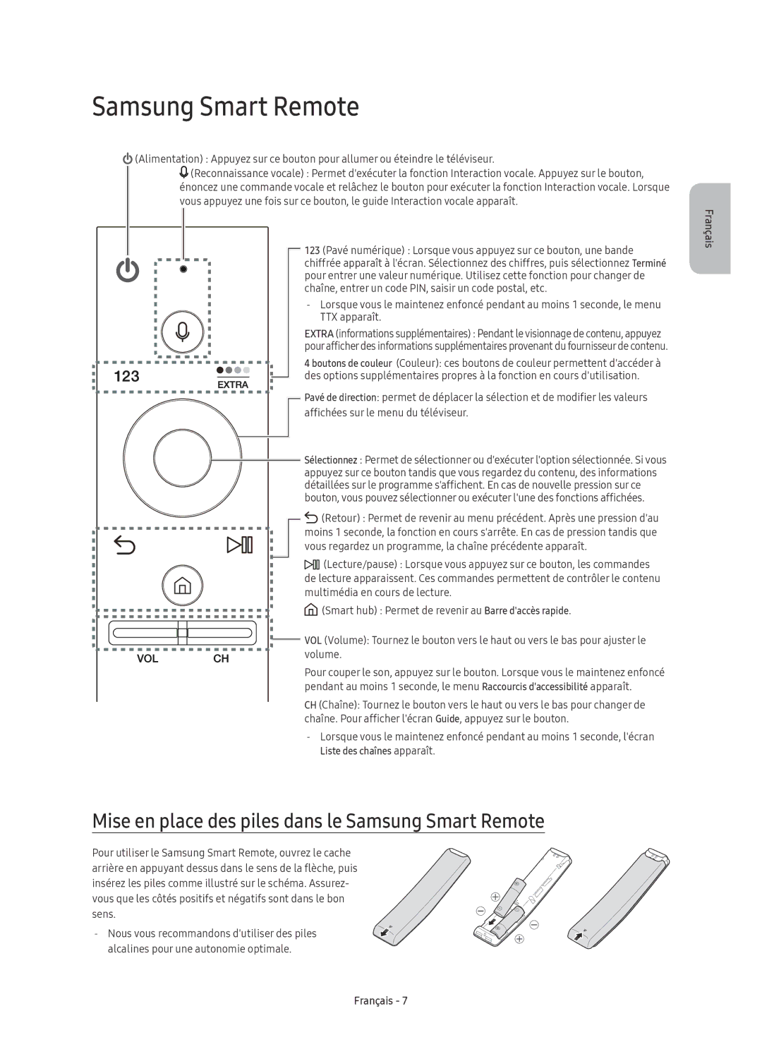 Samsung UE55KU6510UXZF, UE55KU6510UXZG, UE49KU6510UXZG manual Mise en place des piles dans le Samsung Smart Remote 