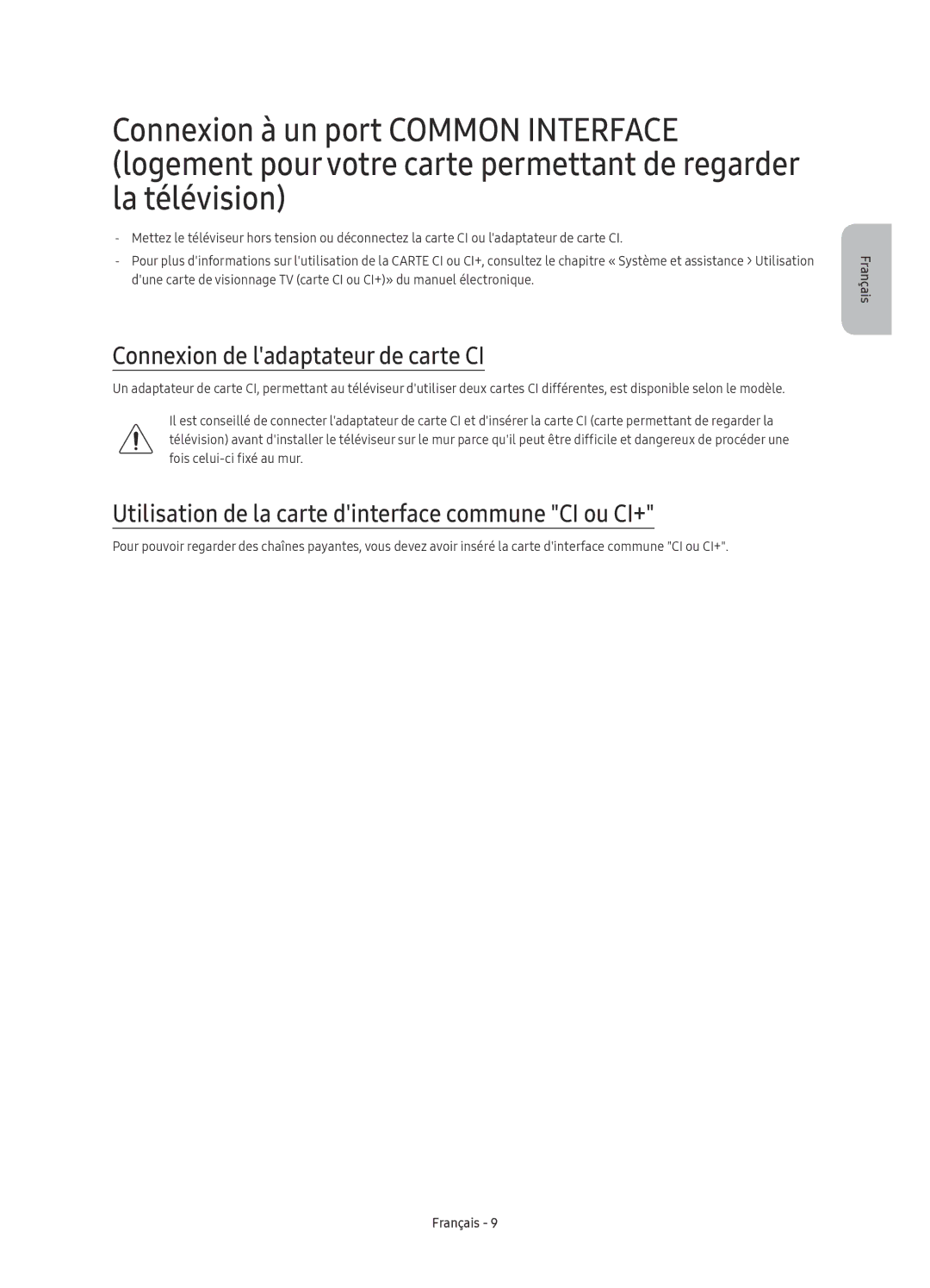 Samsung UE55KU6510UXZT manual Connexion de ladaptateur de carte CI, Utilisation de la carte dinterface commune CI ou CI+ 