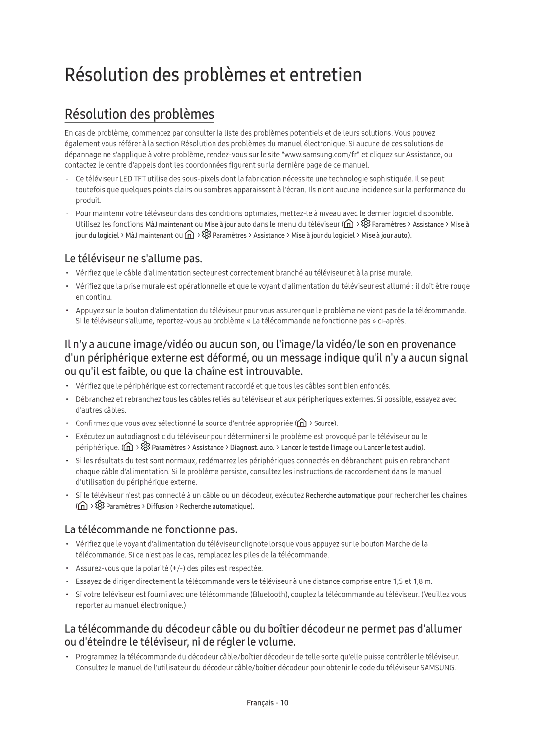 Samsung UE55KU6510UXXC, UE55KU6510UXZG, UE49KU6510UXZG Résolution des problèmes et entretien, Le téléviseur ne sallume pas 