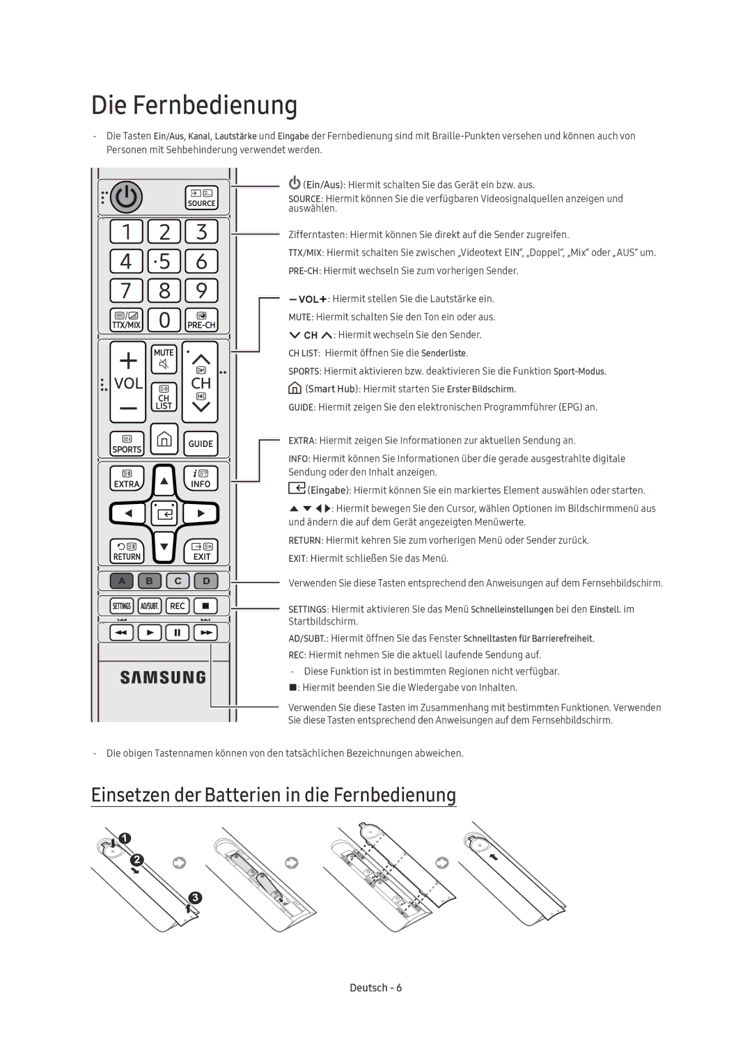 Samsung UE49KU6510UXXU, UE55KU6510UXZG, UE49KU6510UXZG manual Die Fernbedienung, Einsetzen der Batterien in die Fernbedienung 