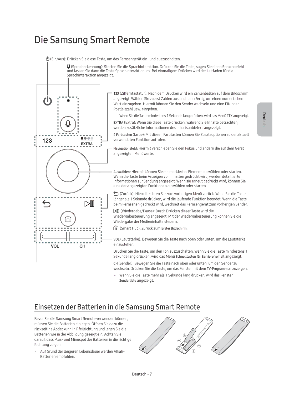 Samsung UE55KU6510UXXU, UE55KU6510UXZG manual Die Samsung Smart Remote, Einsetzen der Batterien in die Samsung Smart Remote 