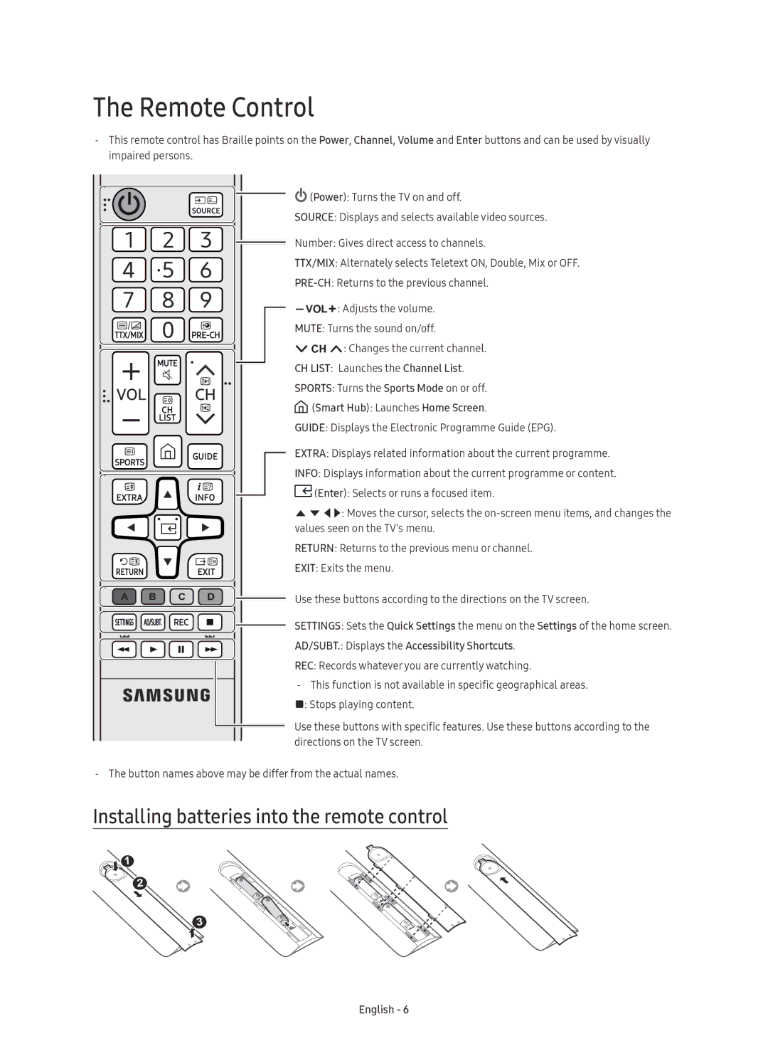 Samsung UE55KU6510UXXC, UE55KU6510UXZG, UE49KU6510UXZG manual Remote Control, Installing batteries into the remote control 