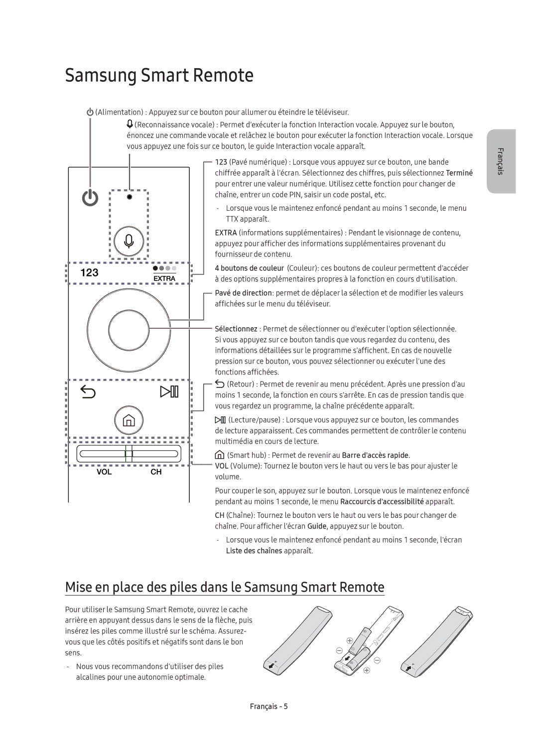 Samsung UE55KU6510UXXU, UE55KU6510UXZG, UE49KU6510UXZG manual Mise en place des piles dans le Samsung Smart Remote 