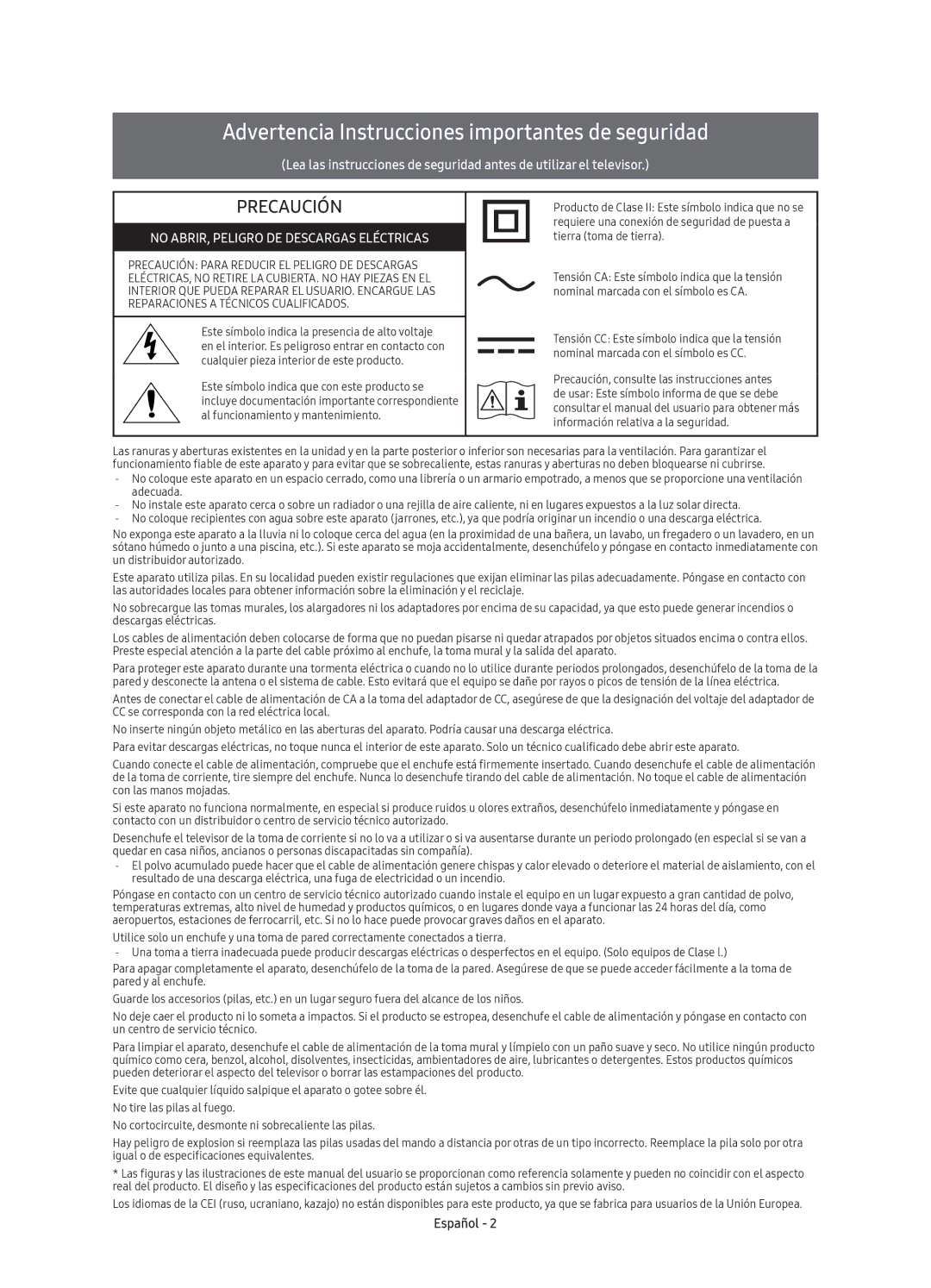 Samsung UE55KU6510UXZG, UE49KU6510UXZG, UE49KU6510UXZF, UE55KU6510UXZF Advertencia Instrucciones importantes de seguridad 