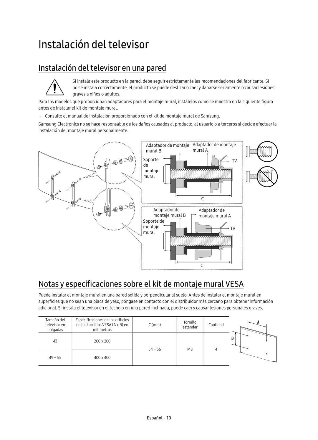 Samsung UE49KU6510UXXU, UE55KU6510UXZG, UE49KU6510UXZG, UE49KU6510UXZF manual Instalación del televisor en una pared 