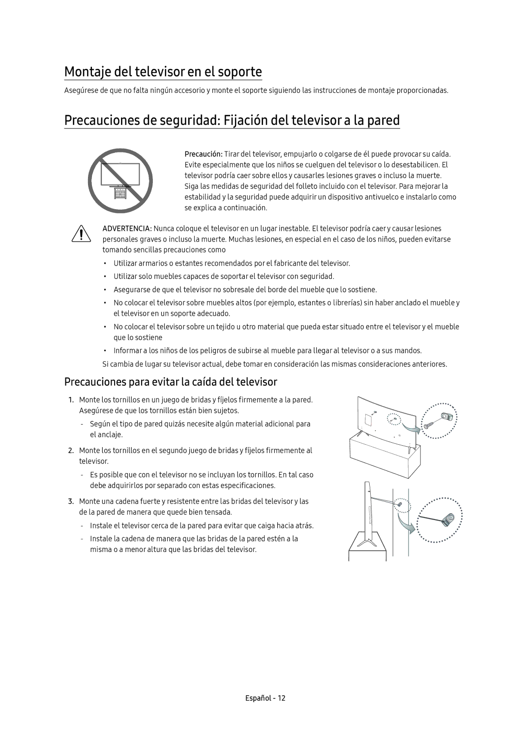 Samsung UE55KU6510UXZG Montaje del televisor en el soporte, Precauciones de seguridad Fijación del televisor a la pared 