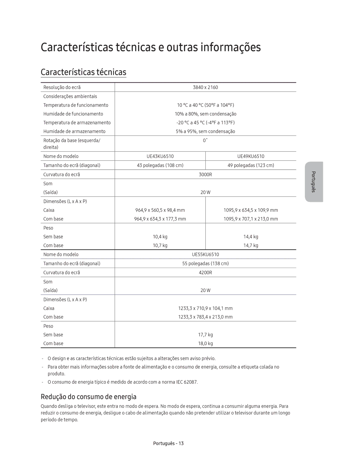 Samsung UE55KU6510UXZT, UE55KU6510UXZG manual Características técnicas e outras informações, Redução do consumo de energia 