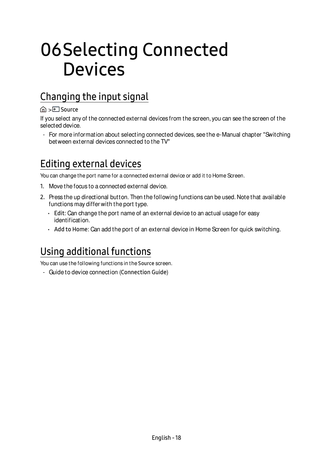 Samsung UE55KU6510UXXC manual 06Selecting Connected Devices, Changing the input signal, Editing external devices, Source 