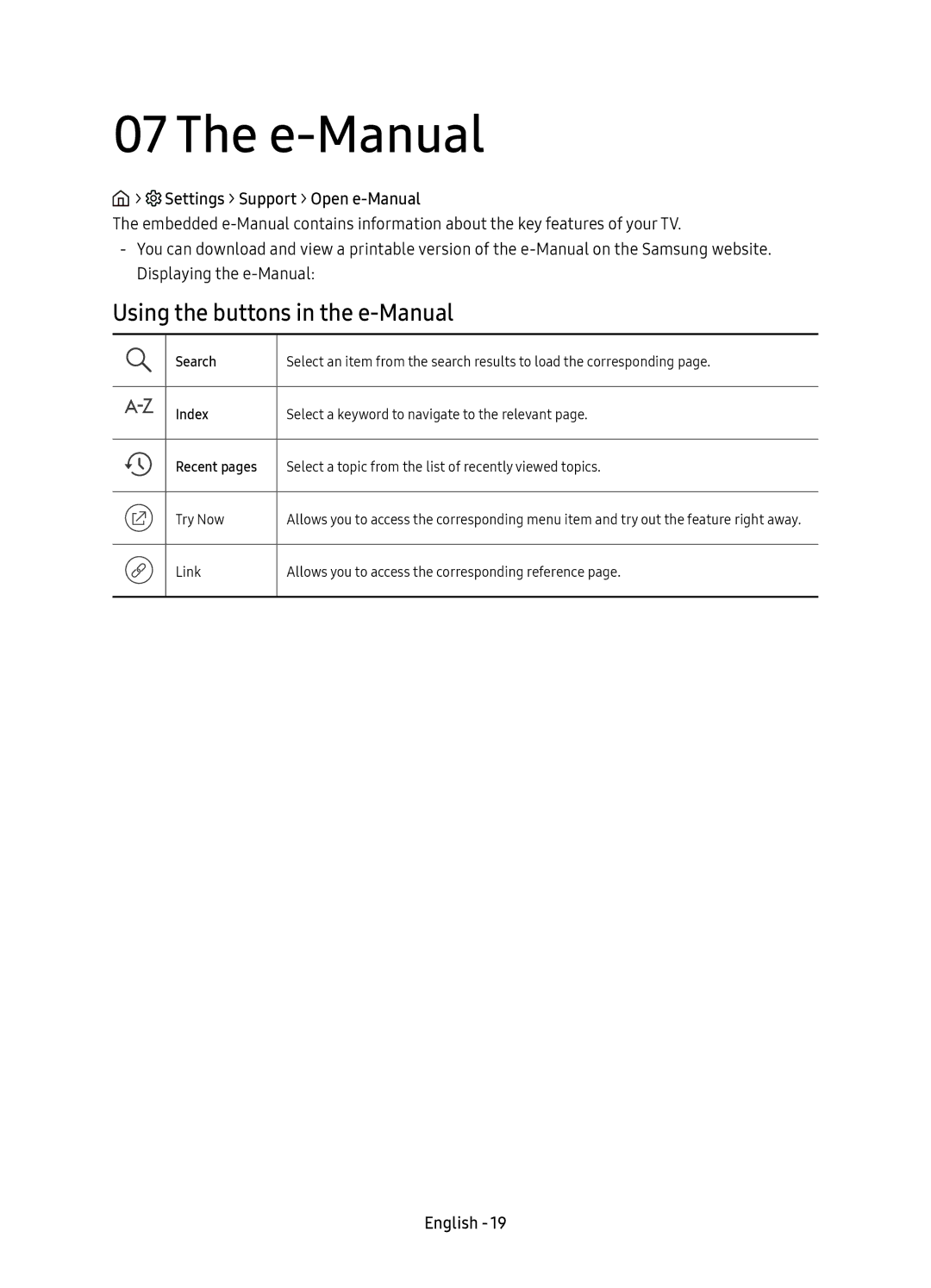 Samsung UE49KU6510UXXC, UE55KU6510UXZG manual E-Manual, Using the buttons in the e-Manual, Settings Support Open e-Manual 