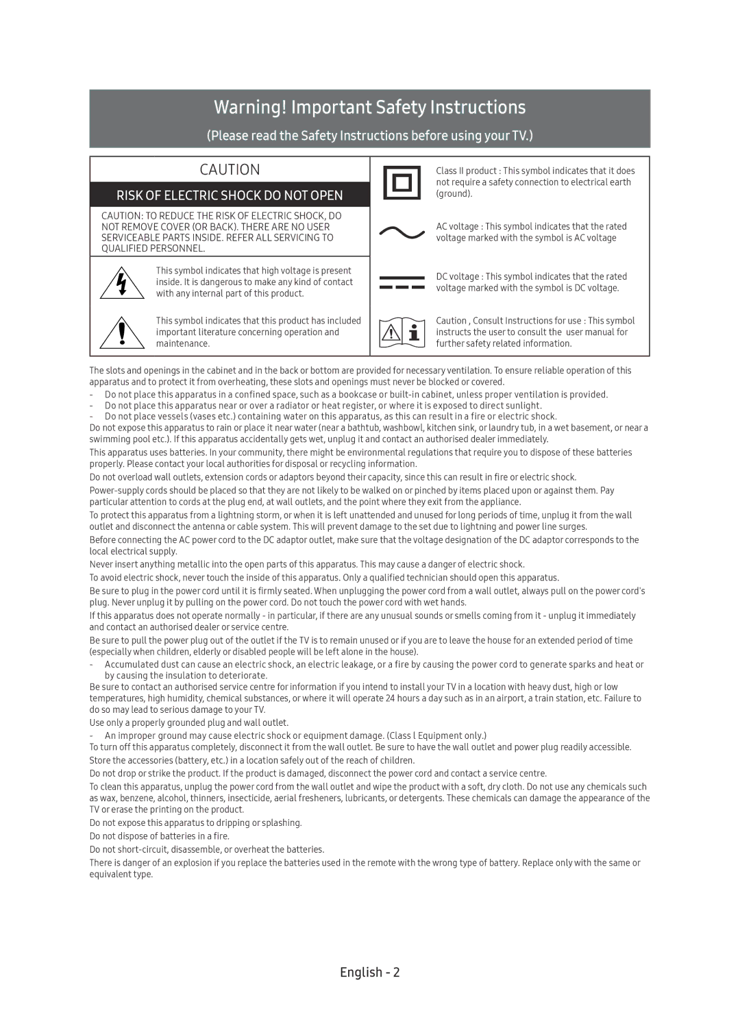 Samsung UE49KU6510UXZF, UE55KU6510UXZG, UE49KU6510UXZG, UE55KU6510UXZF manual Risk of Electric Shock do not Open, English 