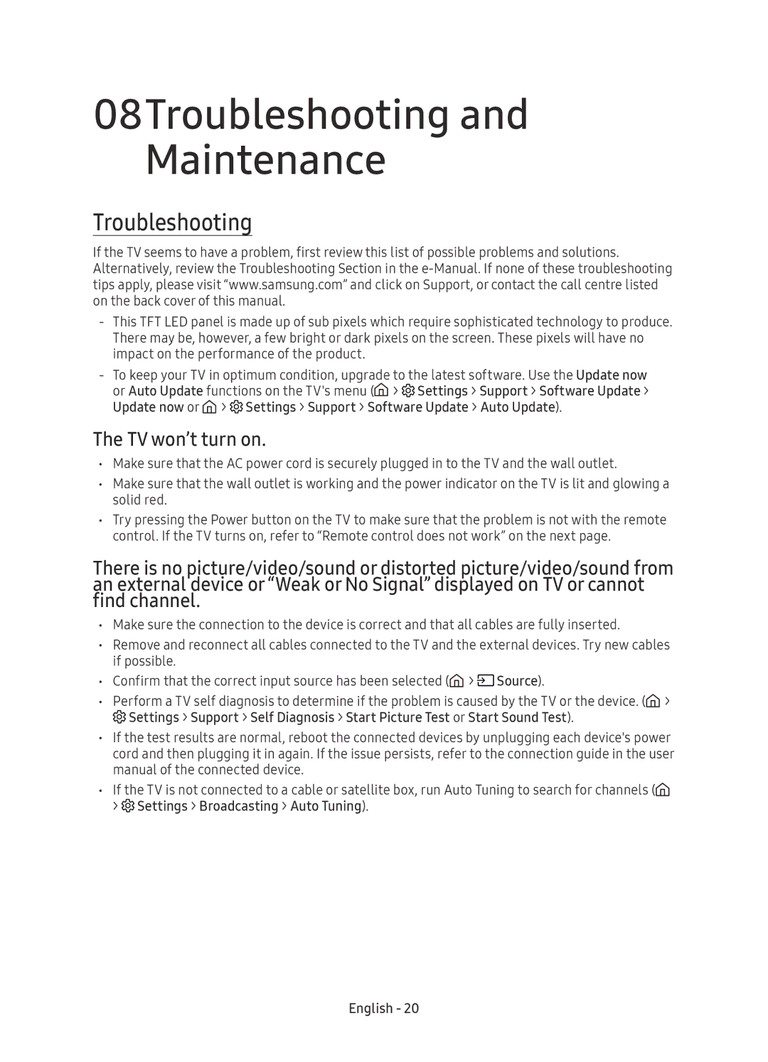 Samsung UE43KU6510UXZG 08Troubleshooting and Maintenance, TV won’t turn on, Settings Broadcasting Auto Tuning English 