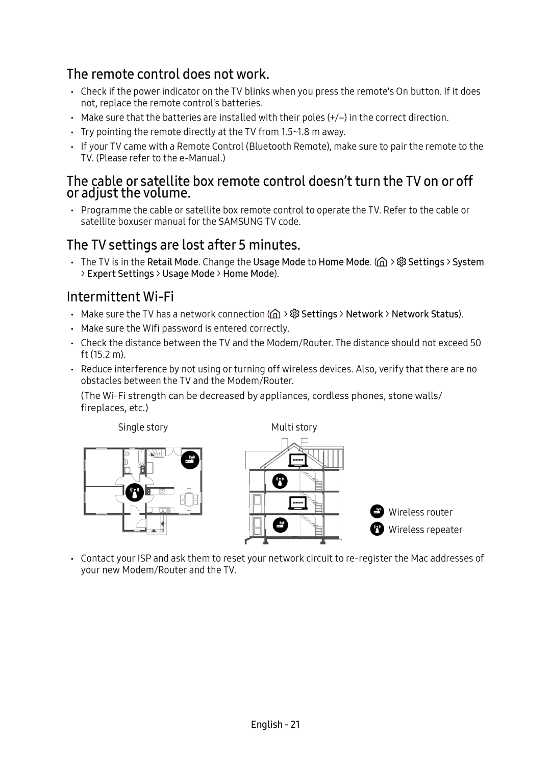 Samsung UE49KU6510UXXU, UE55KU6510UXZG, UE49KU6510UXZG, UE49KU6510UXZF manual Remote control does not work, Intermittent Wi-Fi 