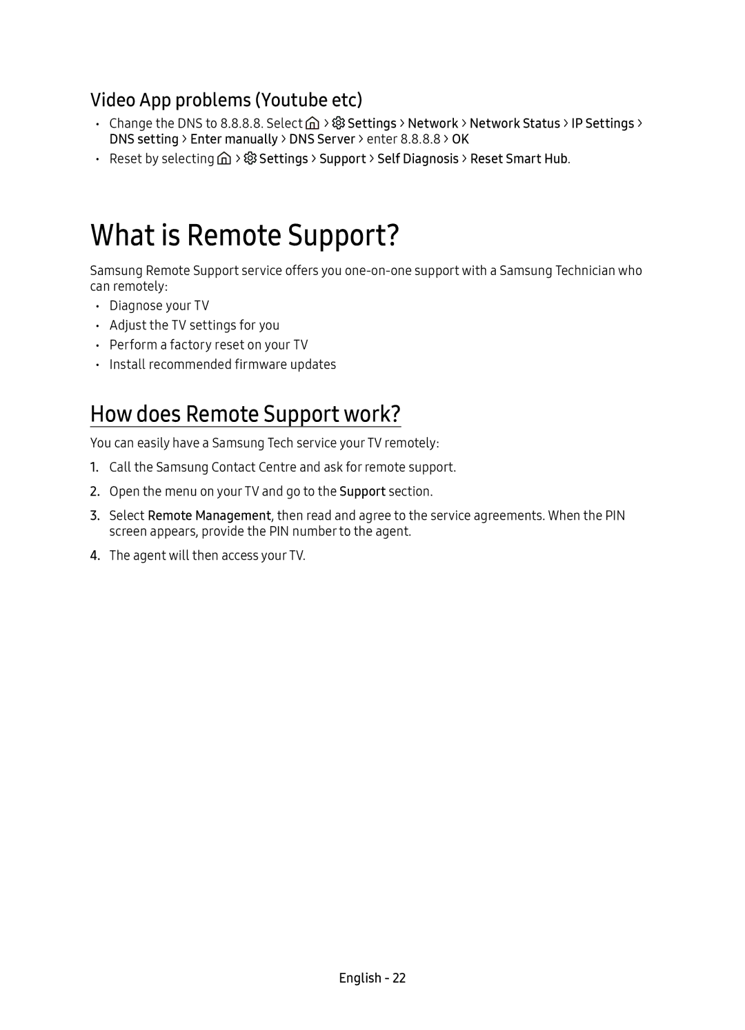 Samsung UE43KU6510UXXU manual What is Remote Support?, How does Remote Support work?, Video App problems Youtube etc 
