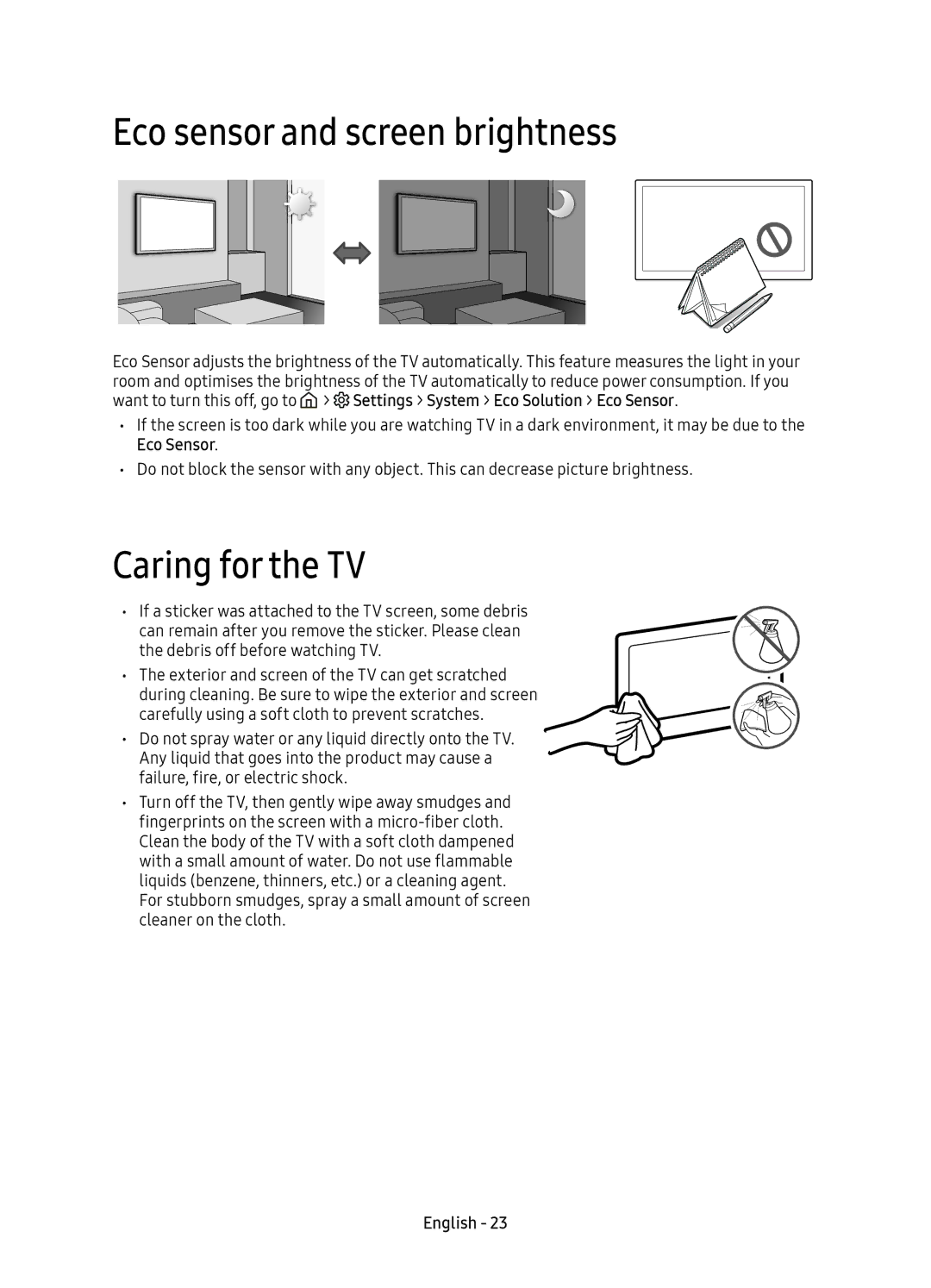 Samsung UE55KU6510UXXU, UE55KU6510UXZG, UE49KU6510UXZG, UE49KU6510UXZF Eco sensor and screen brightness, Caring for the TV 