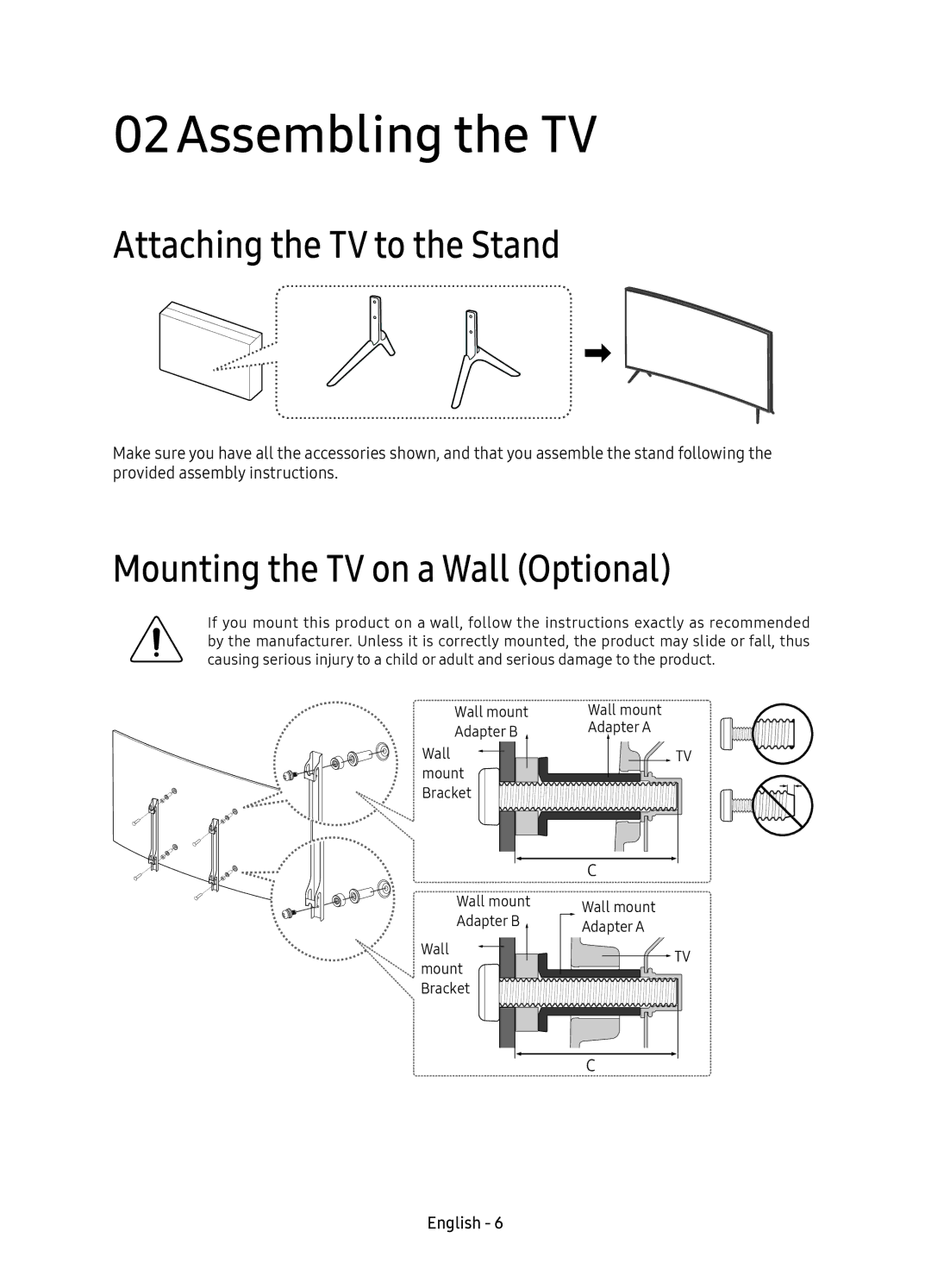 Samsung UE55KU6510UXXC manual 02Assembling the TV, Attaching the TV to the Stand, Mounting the TV on a Wall Optional 