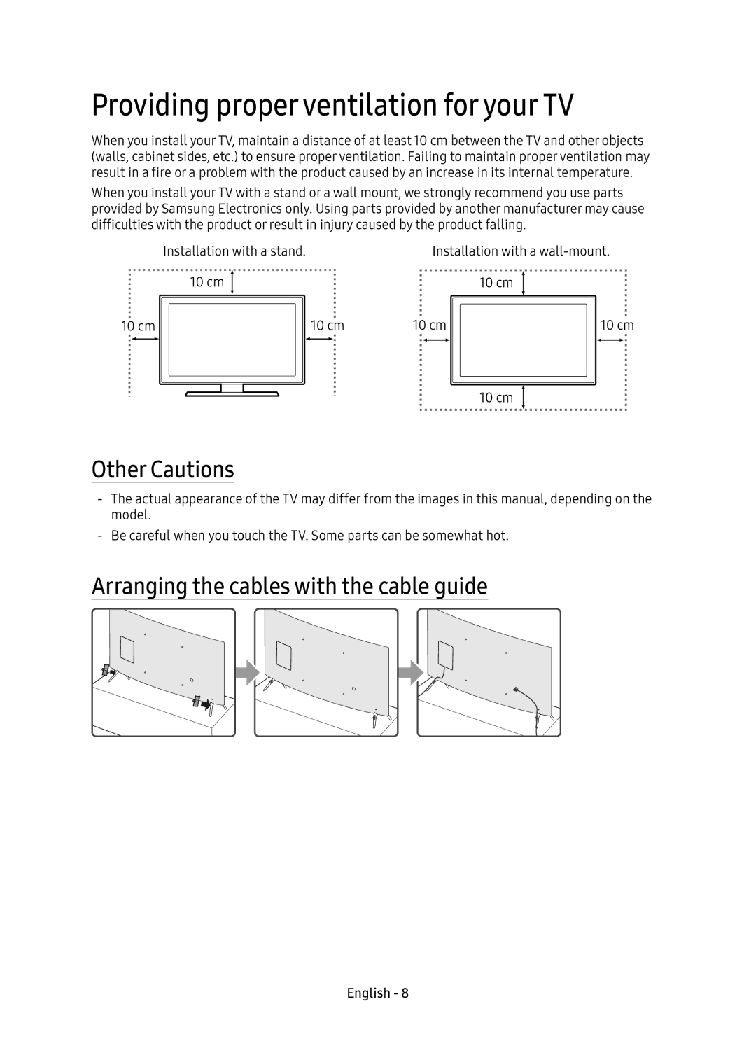 Samsung UE43KU6510UXZG Providing proper ventilation for your TV, Other Cautions, Arranging the cables with the cable guide 